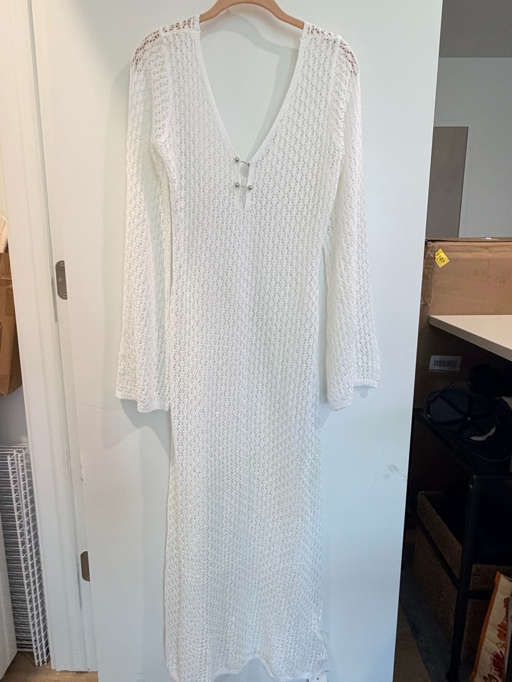 White Crochet Knit Maxi Dress with V-Neck